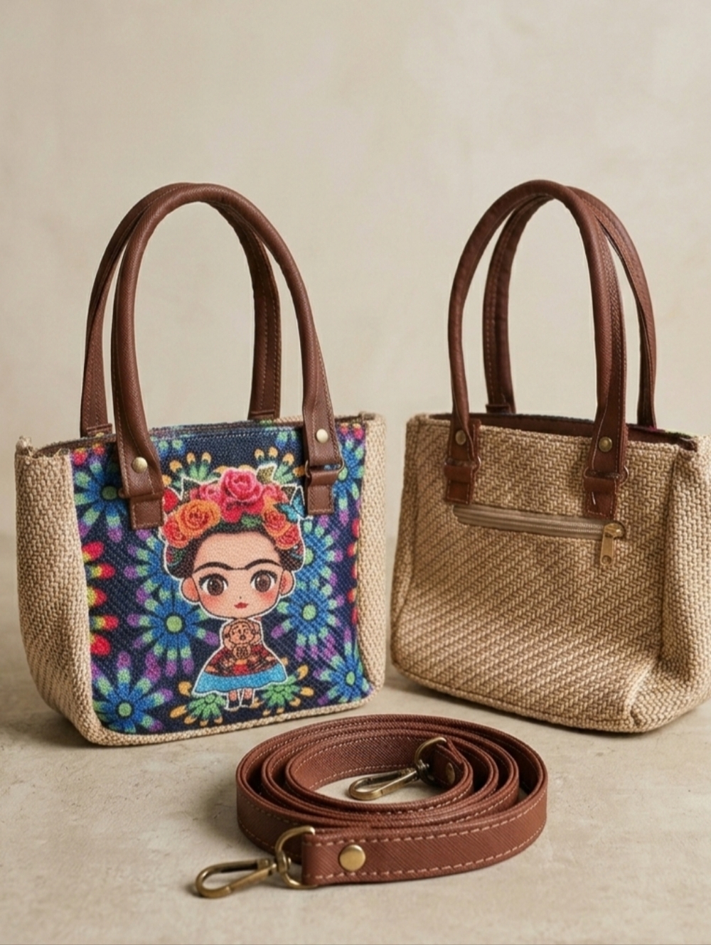 Frida Kahlo Inspired Mini Tote Bag - Brown Floral Print